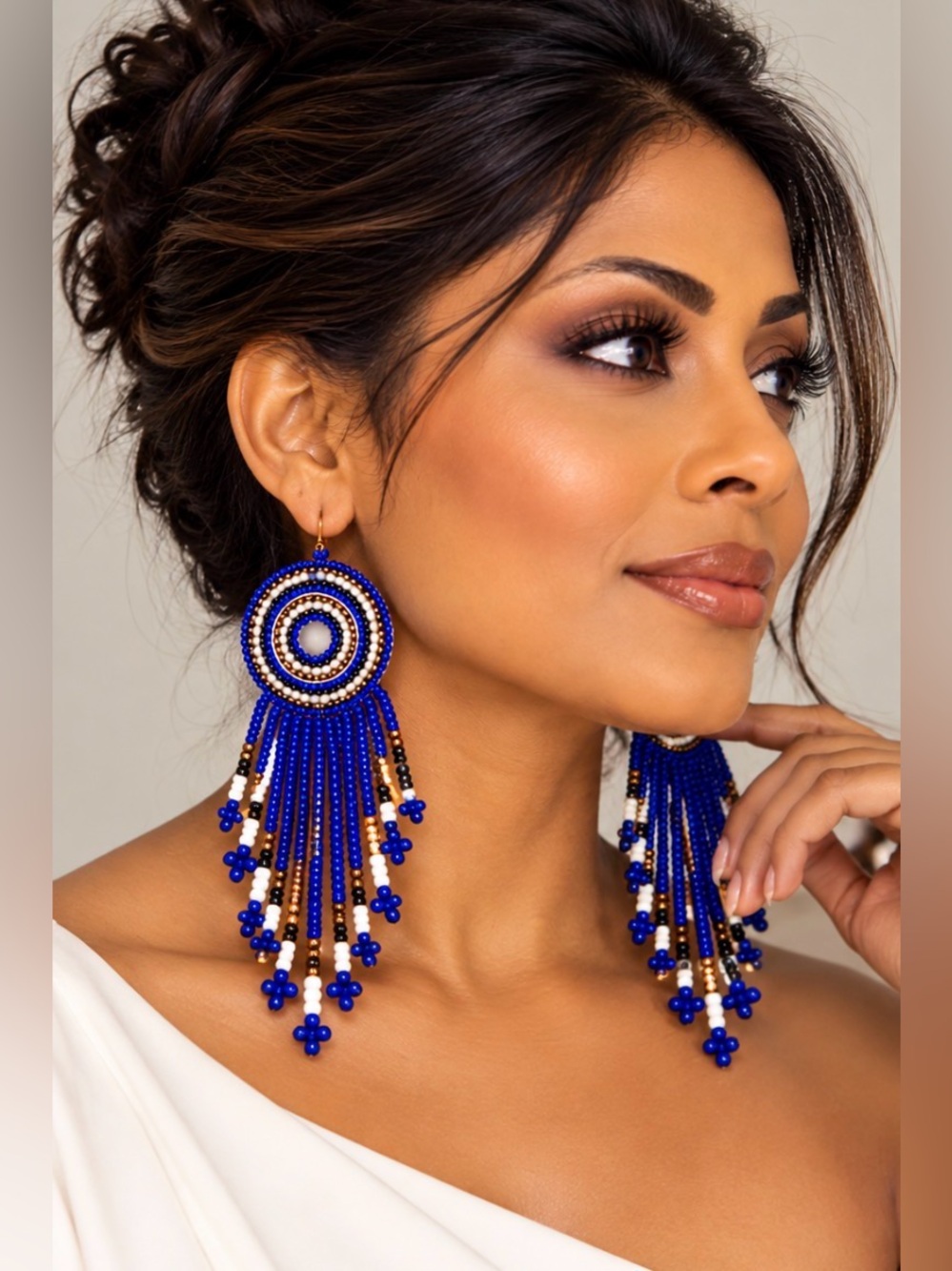 Handmade Royal Blue Beaded Fringe Earrings